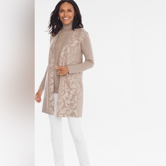 CHICO’S Taupe with silver paisley print sleeveless reversible duster size S - Picture 4 of 14